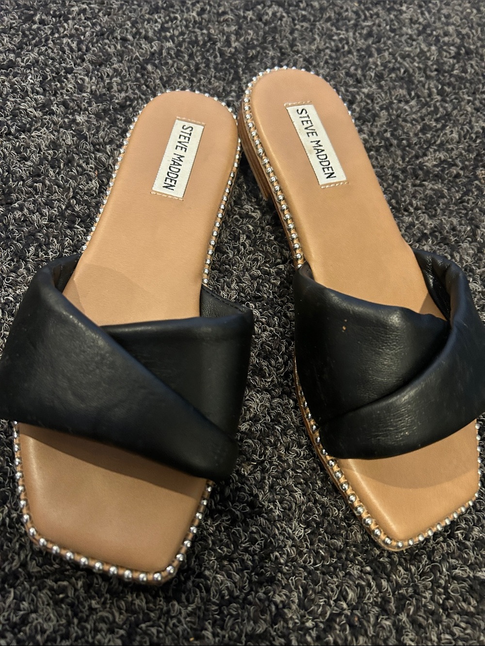 Steve Madden Black Padded Cross-Band Slide Sandals with Studded Trim